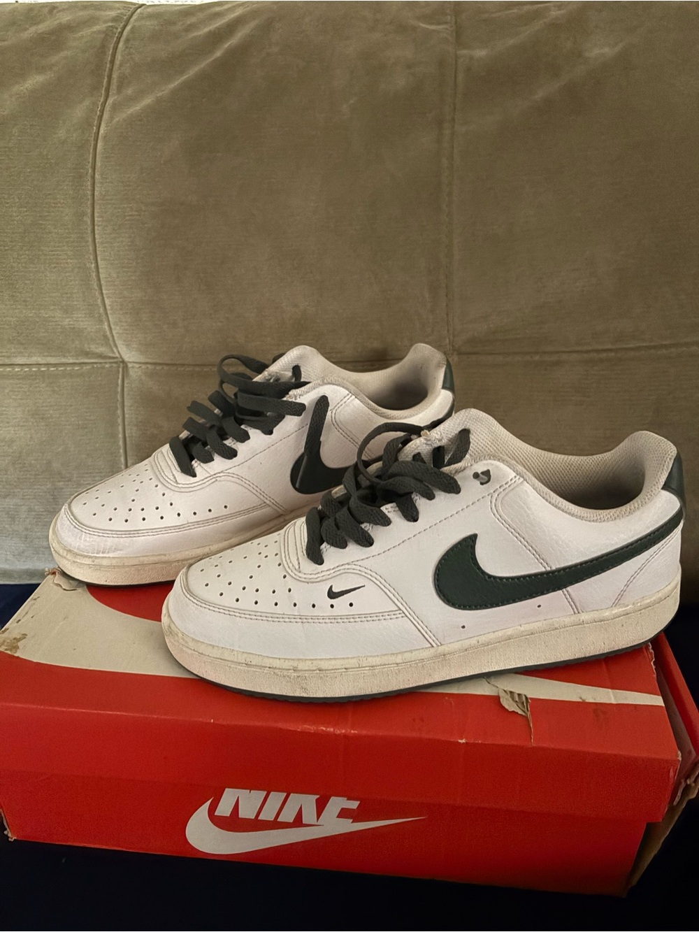 Nike Men’s White Sneakers with Dark Green Swoosh